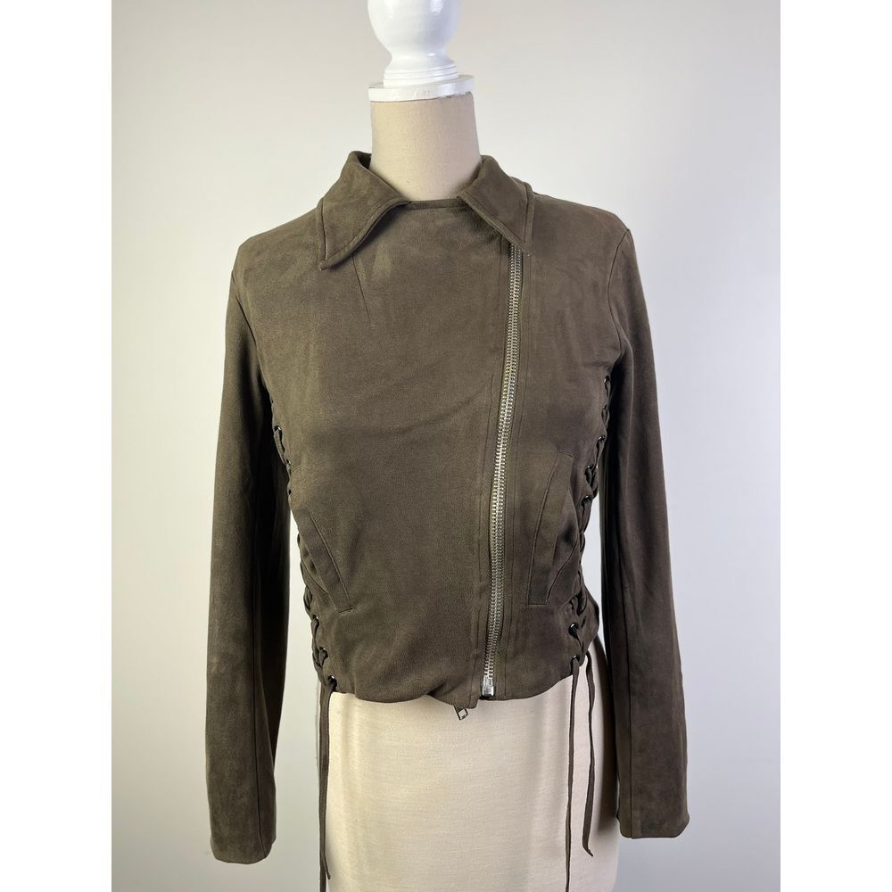 Lulus Olive Green Suede Steam Punk Moto Jacket with Lace-Up Details Size‎ Small